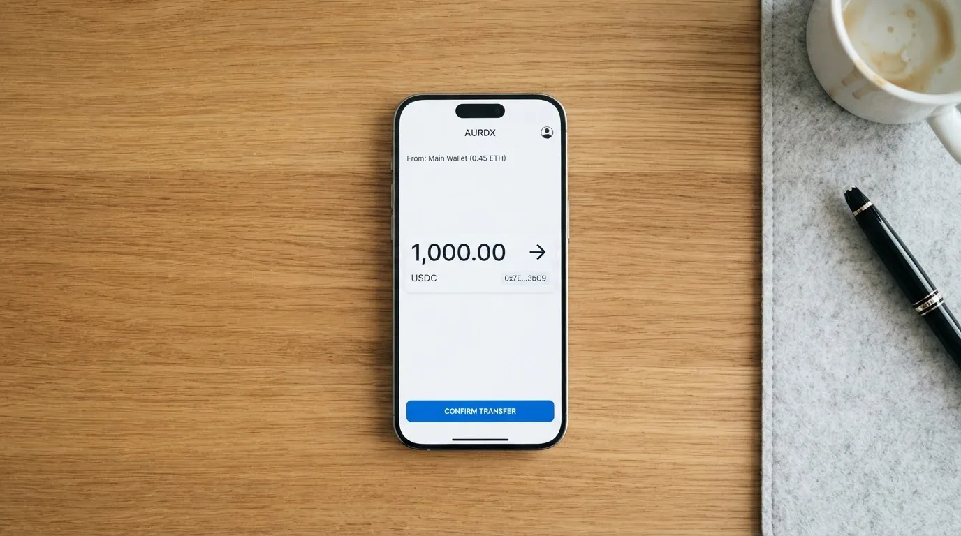 A phone showing a stablecoin transfer screen