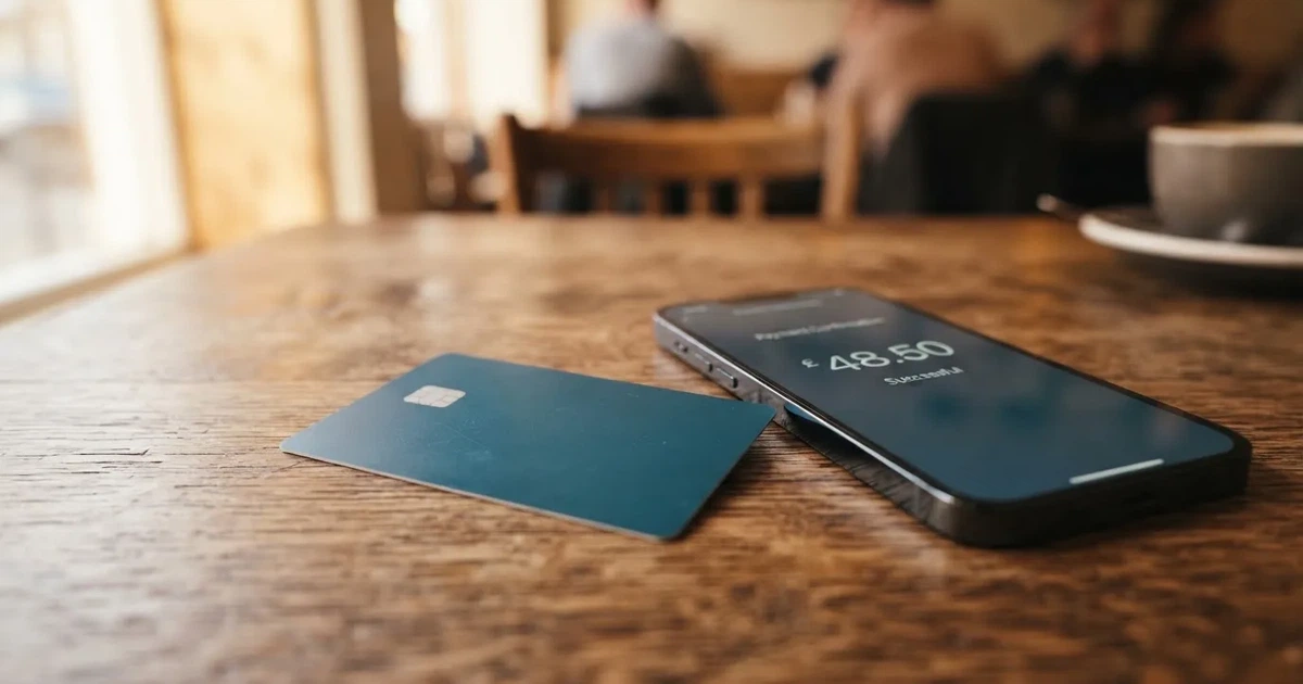 A payment card next to a phone with a crypto wallet app open