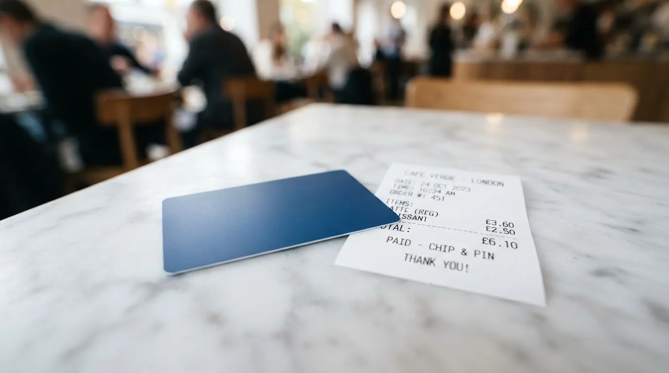A receipt and a card on a café table