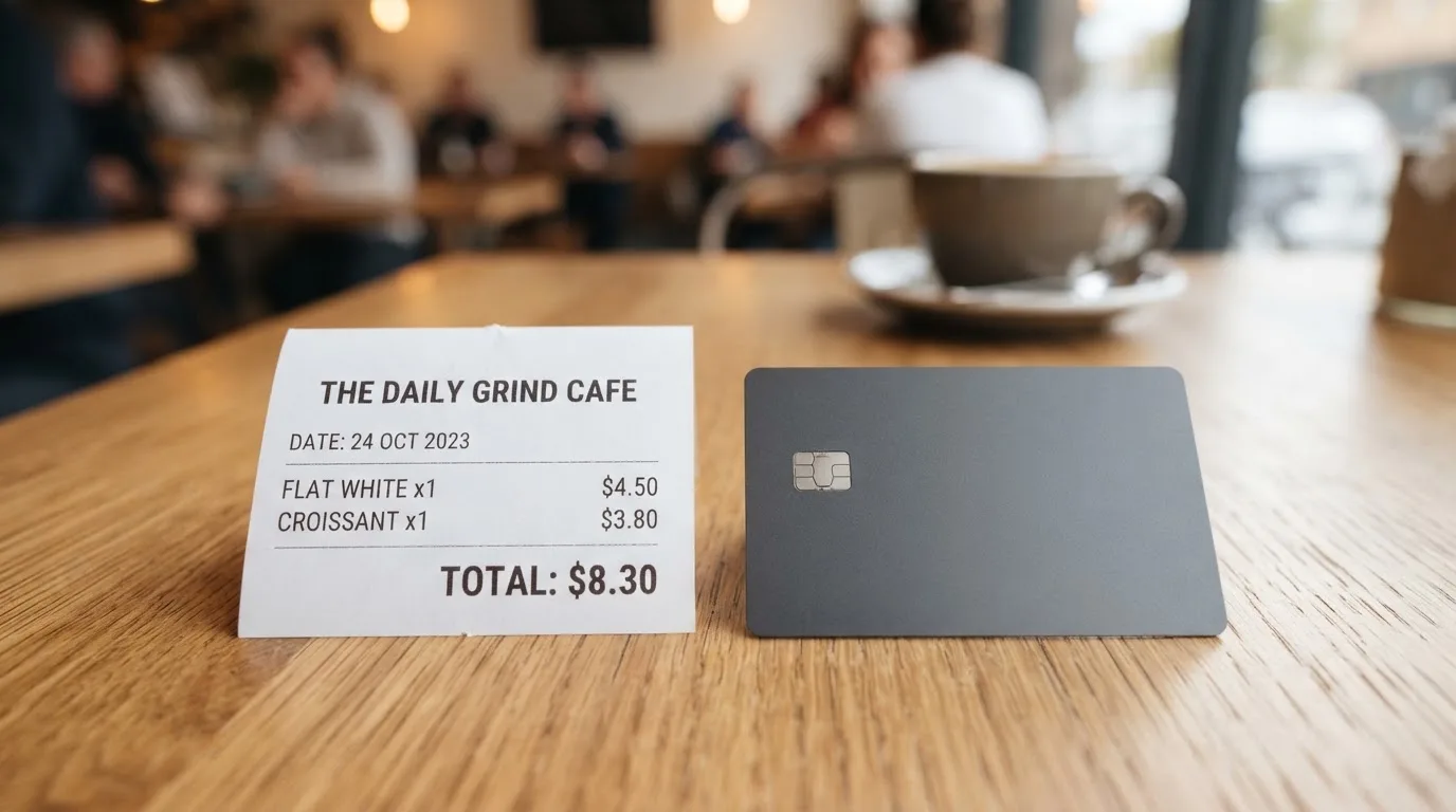 A receipt and a card on a café table