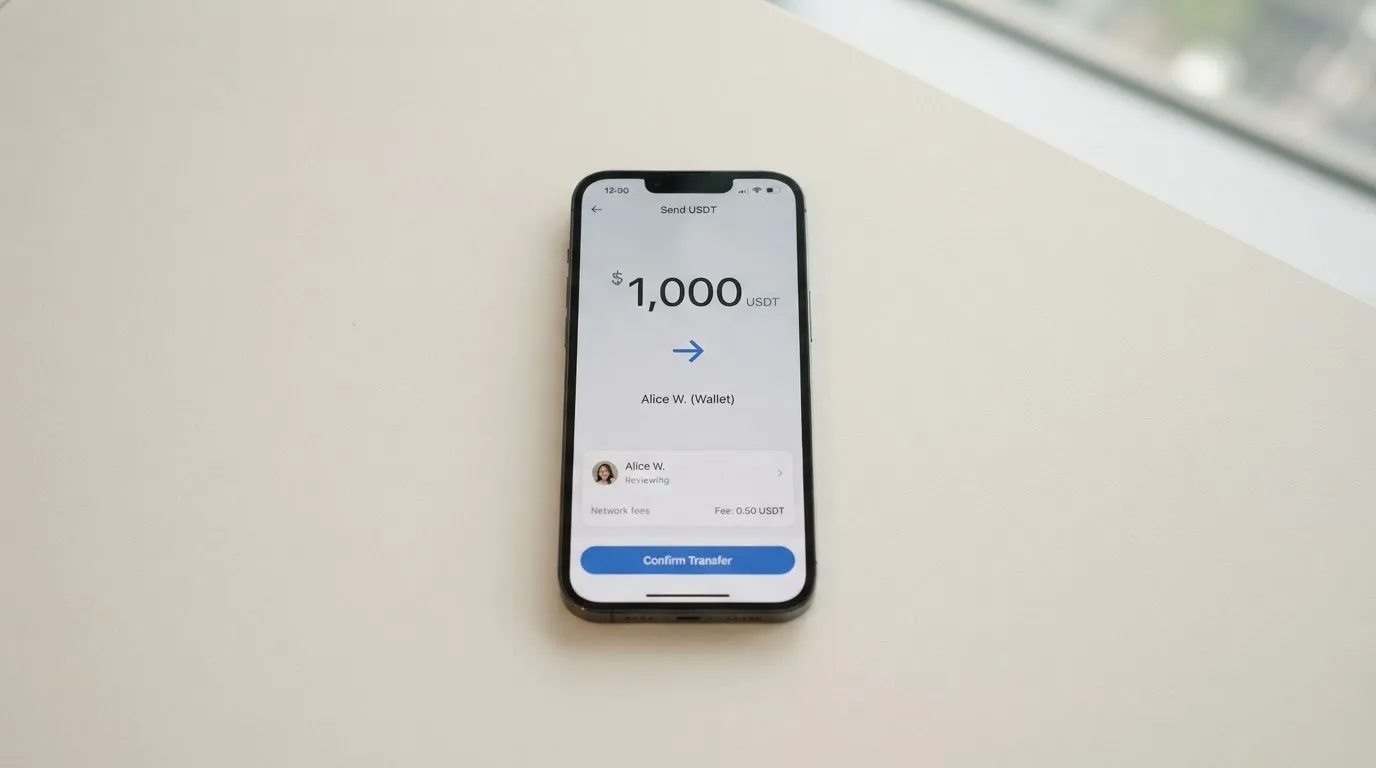 A phone showing a stablecoin transfer screen