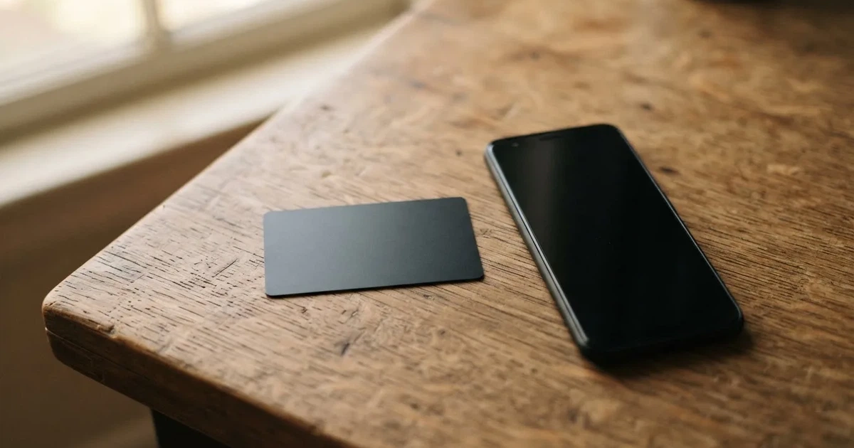 A payment card next to a phone with a crypto wallet app open