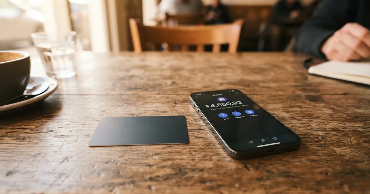 A payment card next to a phone with a crypto wallet app open