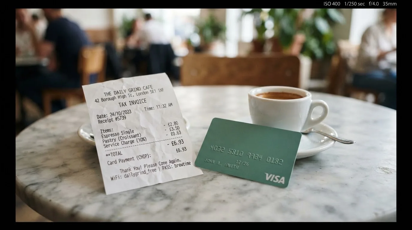 A receipt and a card on a café table