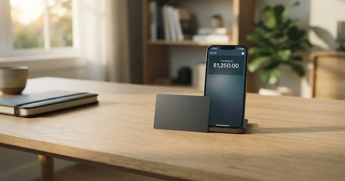 A payment card next to a phone with a crypto wallet app open