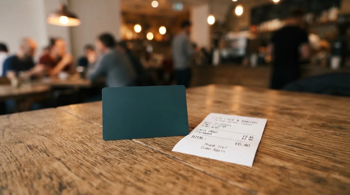 A receipt and a card on a café table