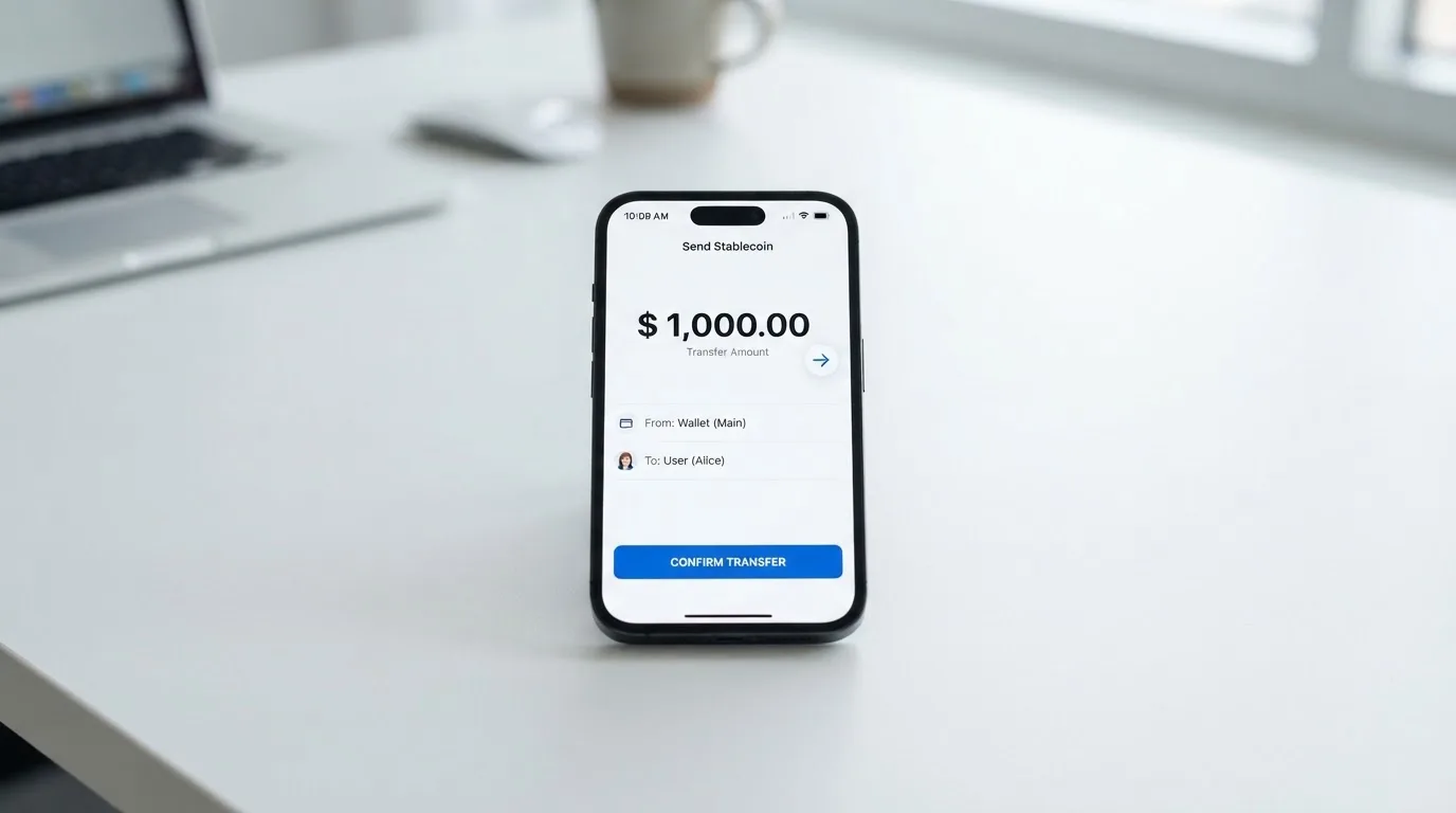 A phone showing a stablecoin transfer screen