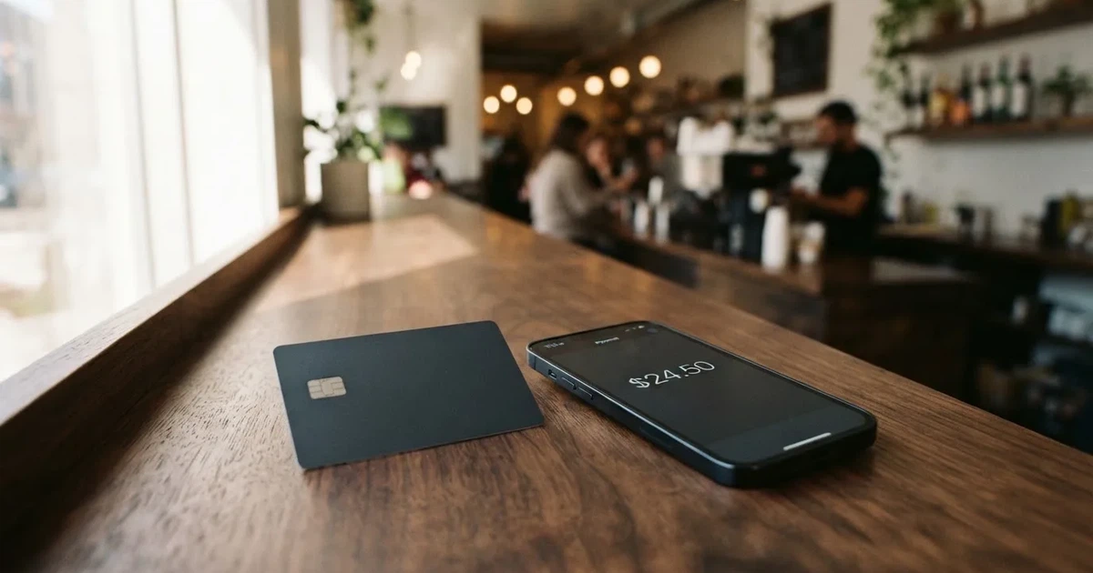 A payment card next to a phone with a crypto wallet app open