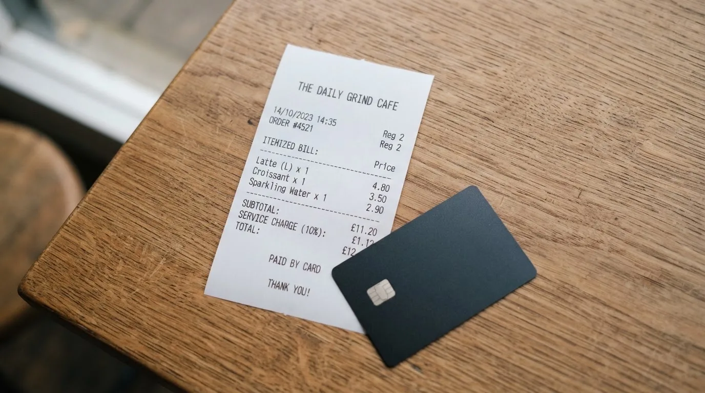 A receipt and a card on a café table