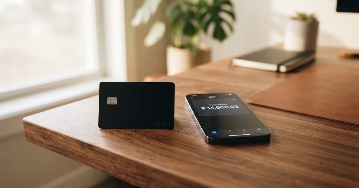 A payment card next to a phone with a crypto wallet app open