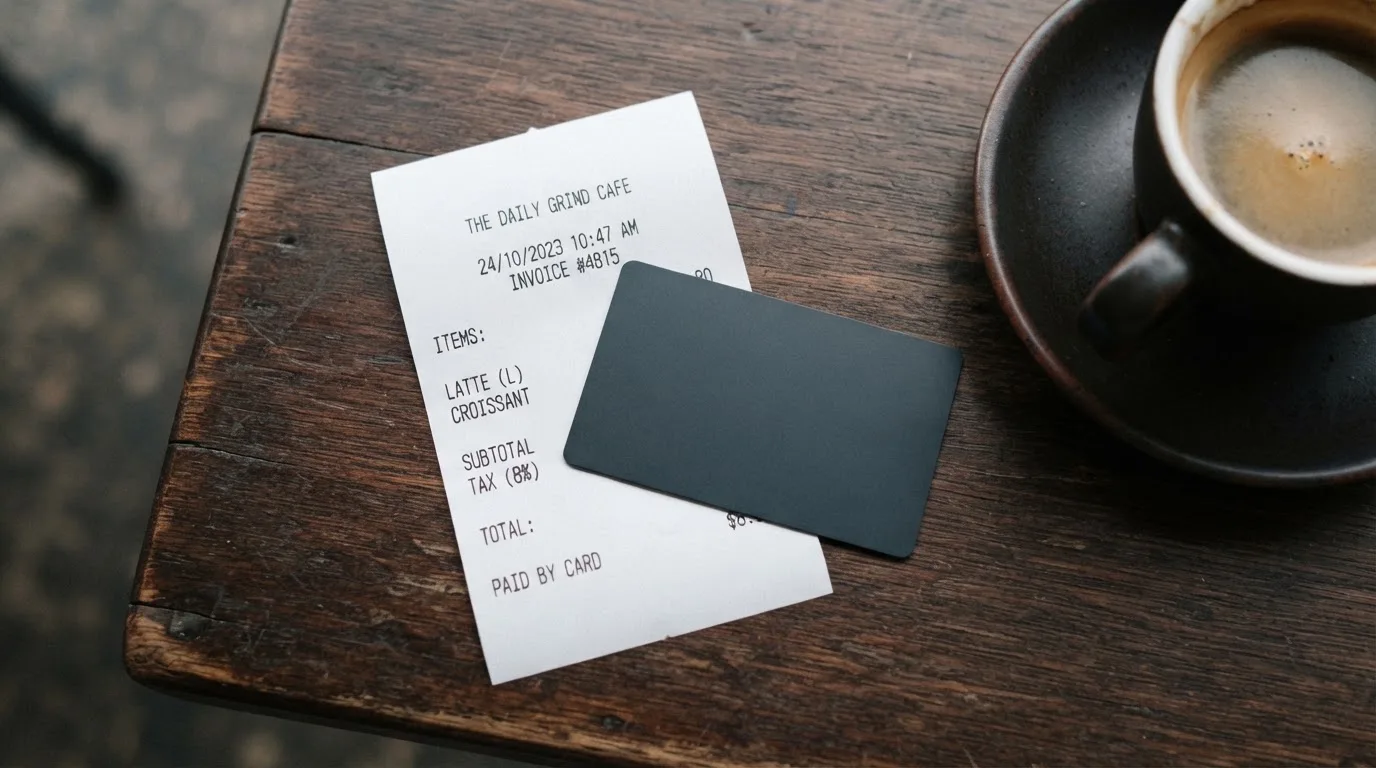 A receipt and a card on a café table