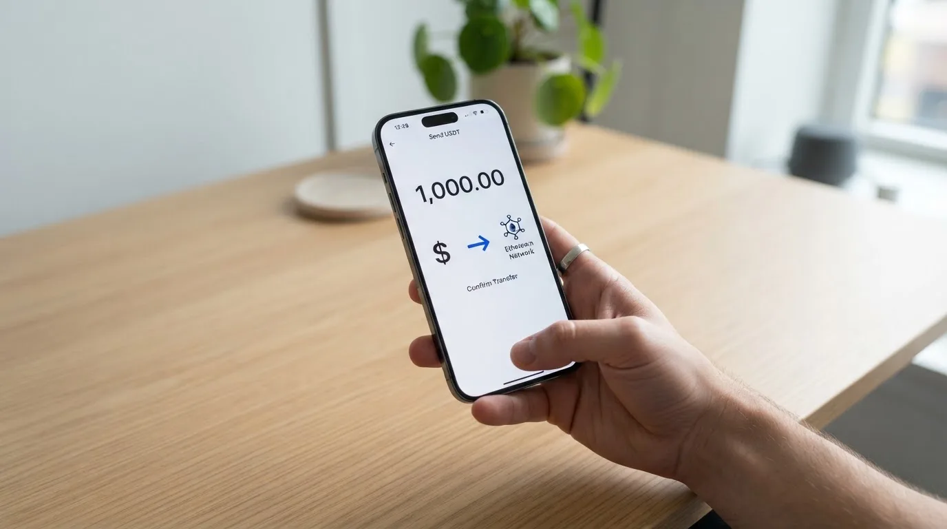 A phone showing a stablecoin transfer screen