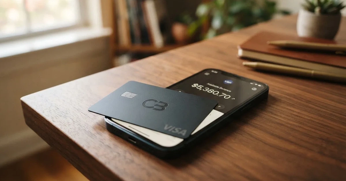 A payment card next to a phone with a crypto wallet app open