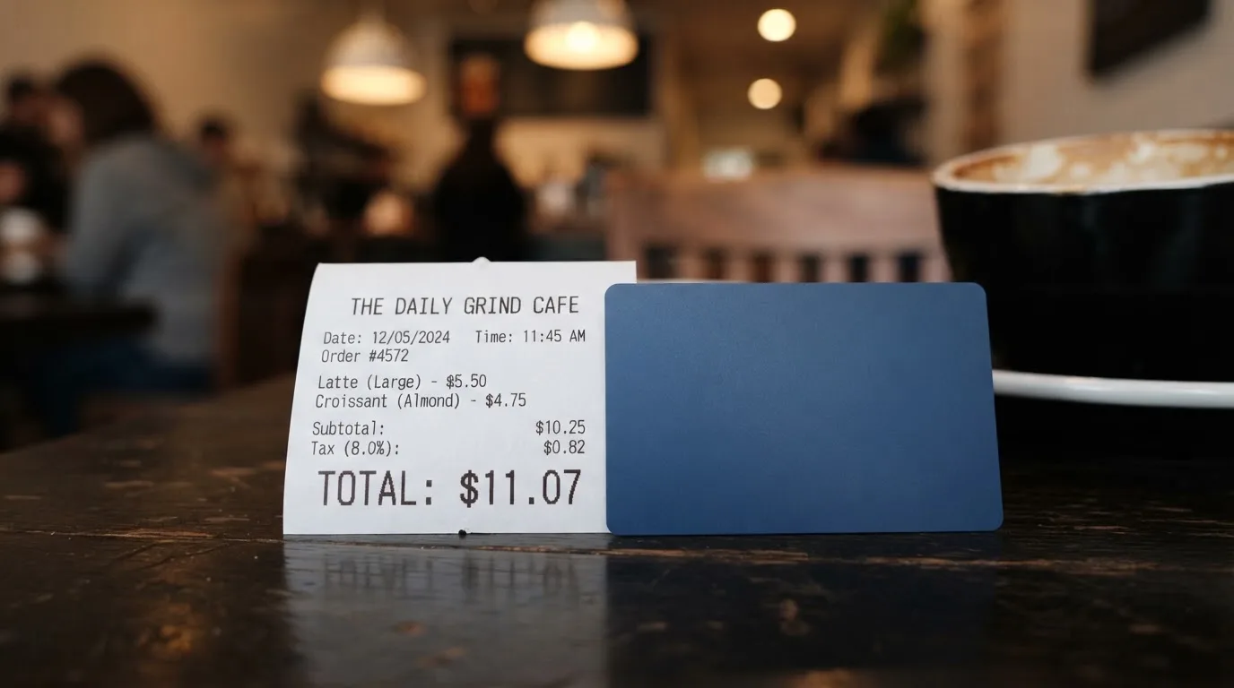 A receipt and a card on a café table