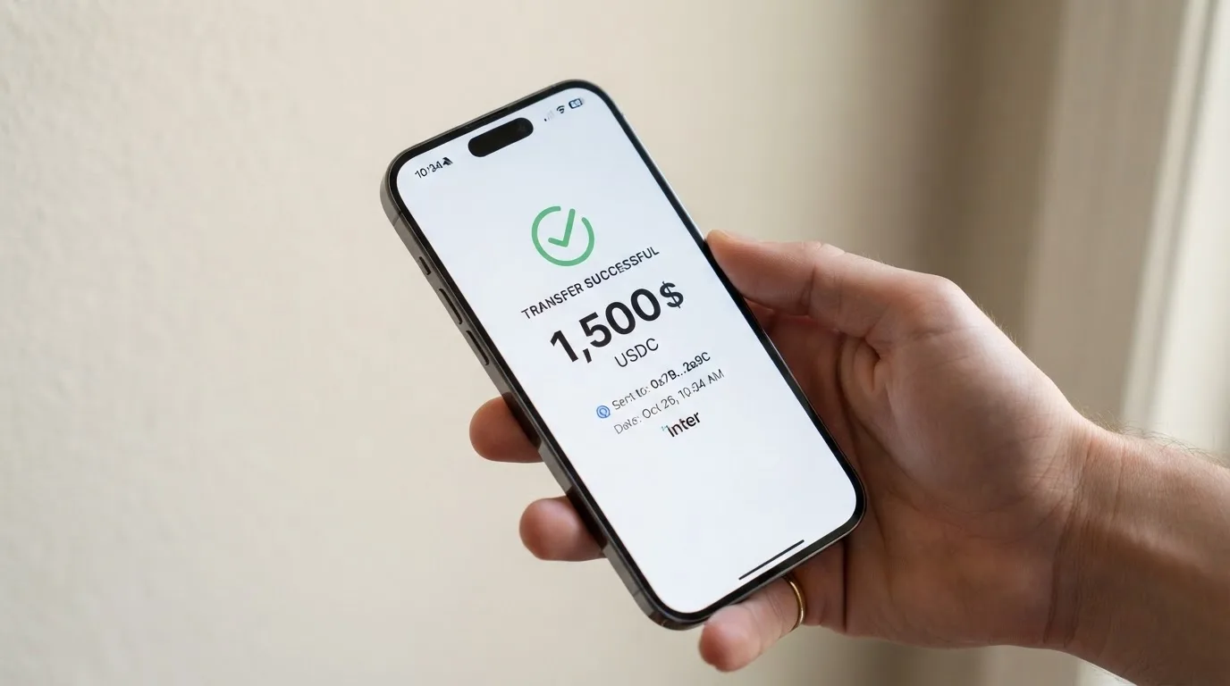 A phone showing a stablecoin transfer screen
