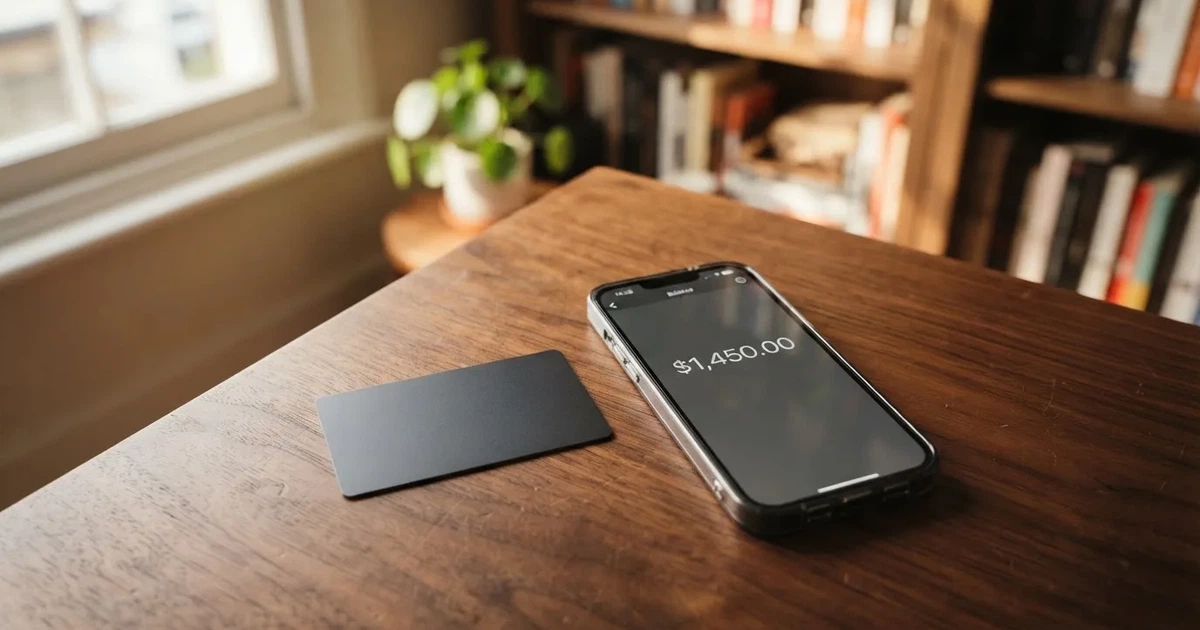 A payment card next to a phone with a crypto wallet app open