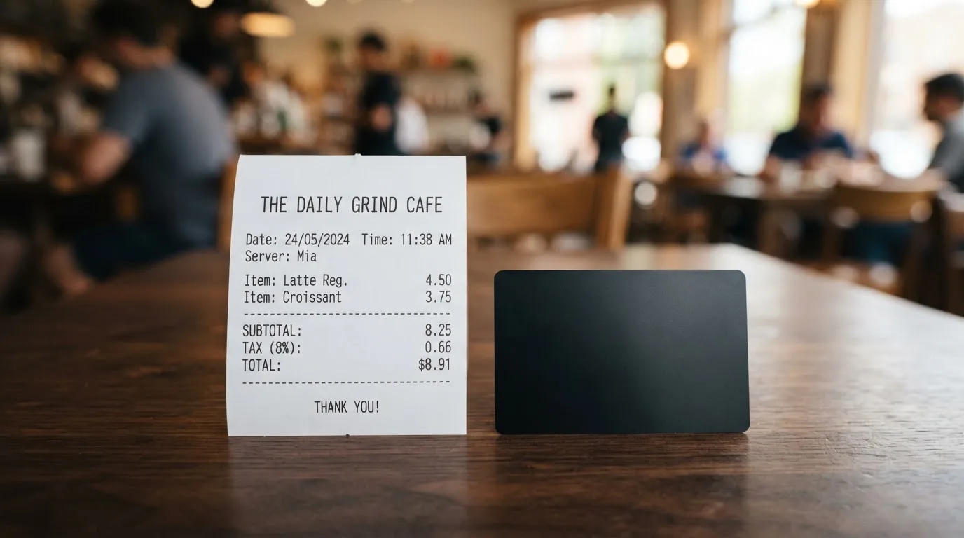 A receipt and a card on a café table