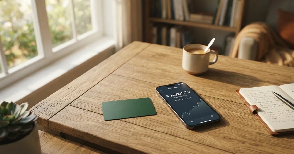 A payment card next to a phone with a crypto wallet app open