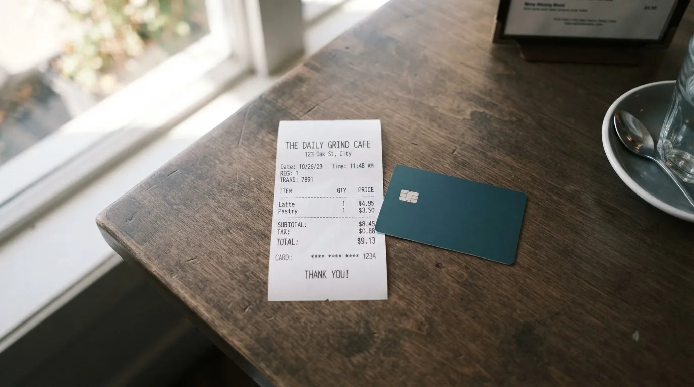 A receipt and a card on a café table