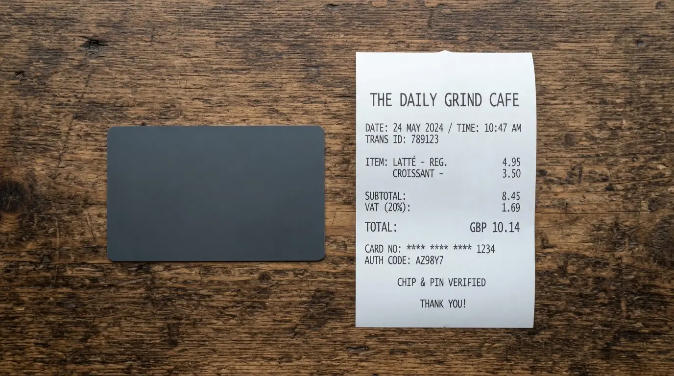 A receipt and a card on a café table