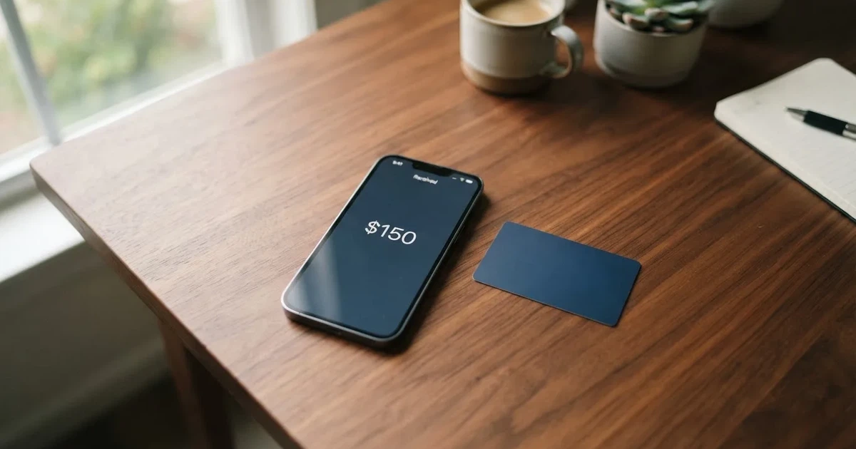 A payment card next to a phone with a crypto wallet app open