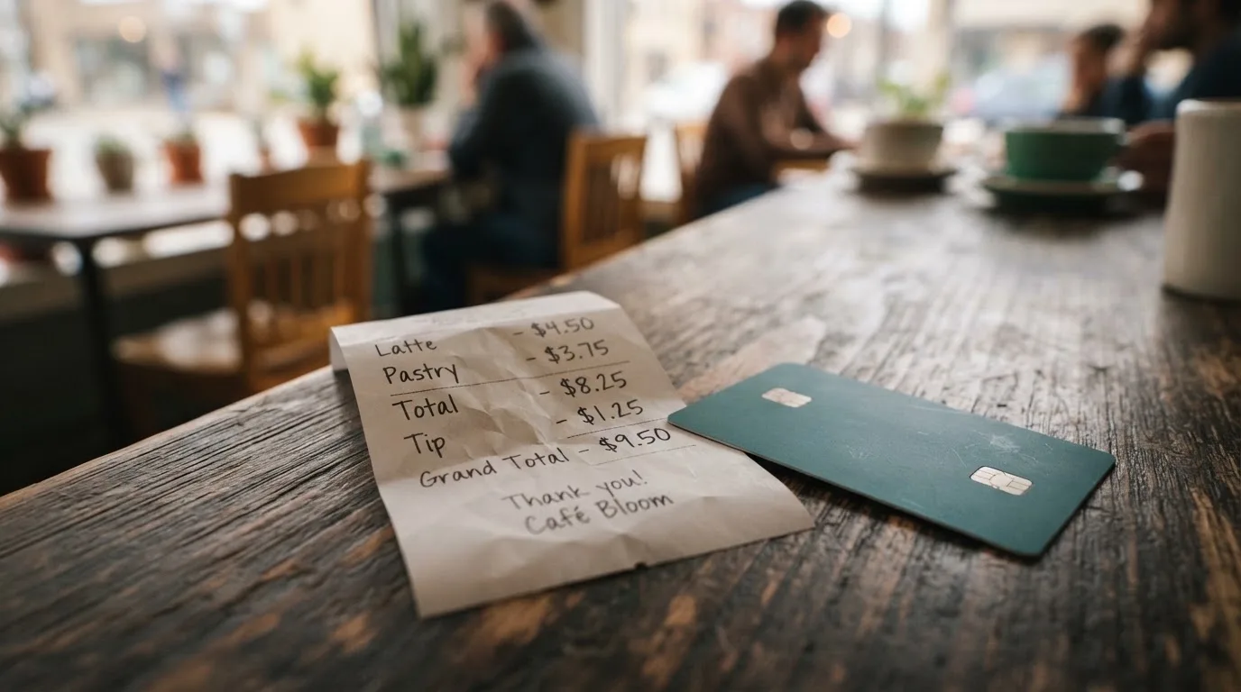 A receipt and a card on a café table