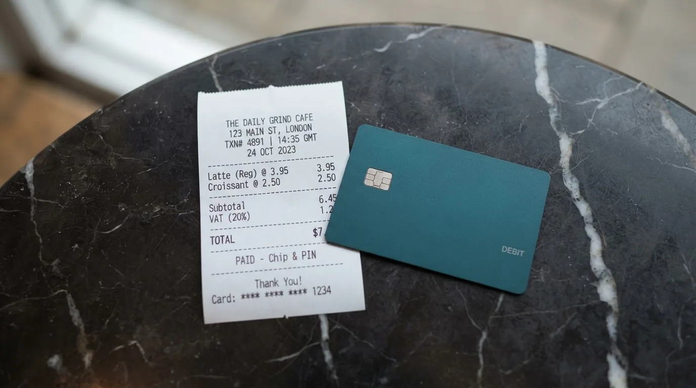 A receipt and a card on a café table