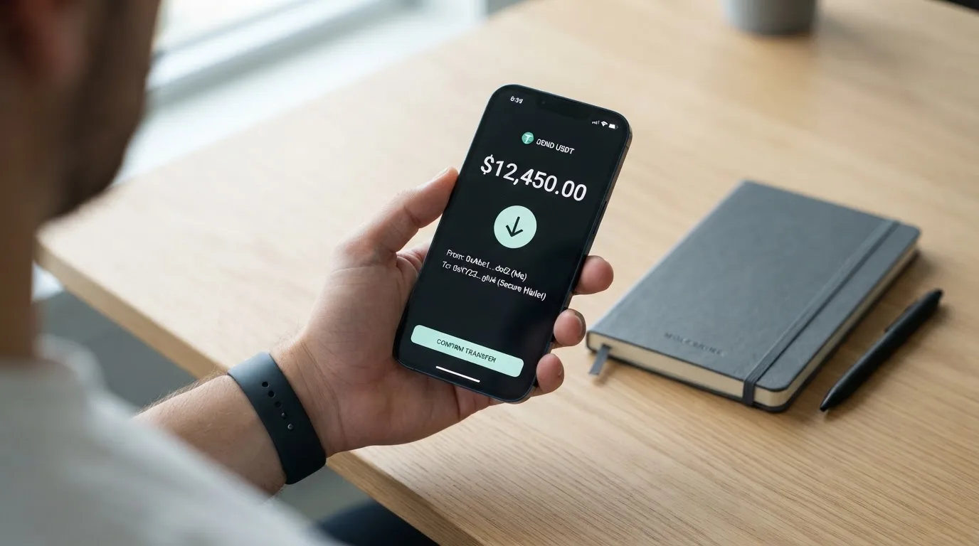 A phone showing a stablecoin transfer screen
