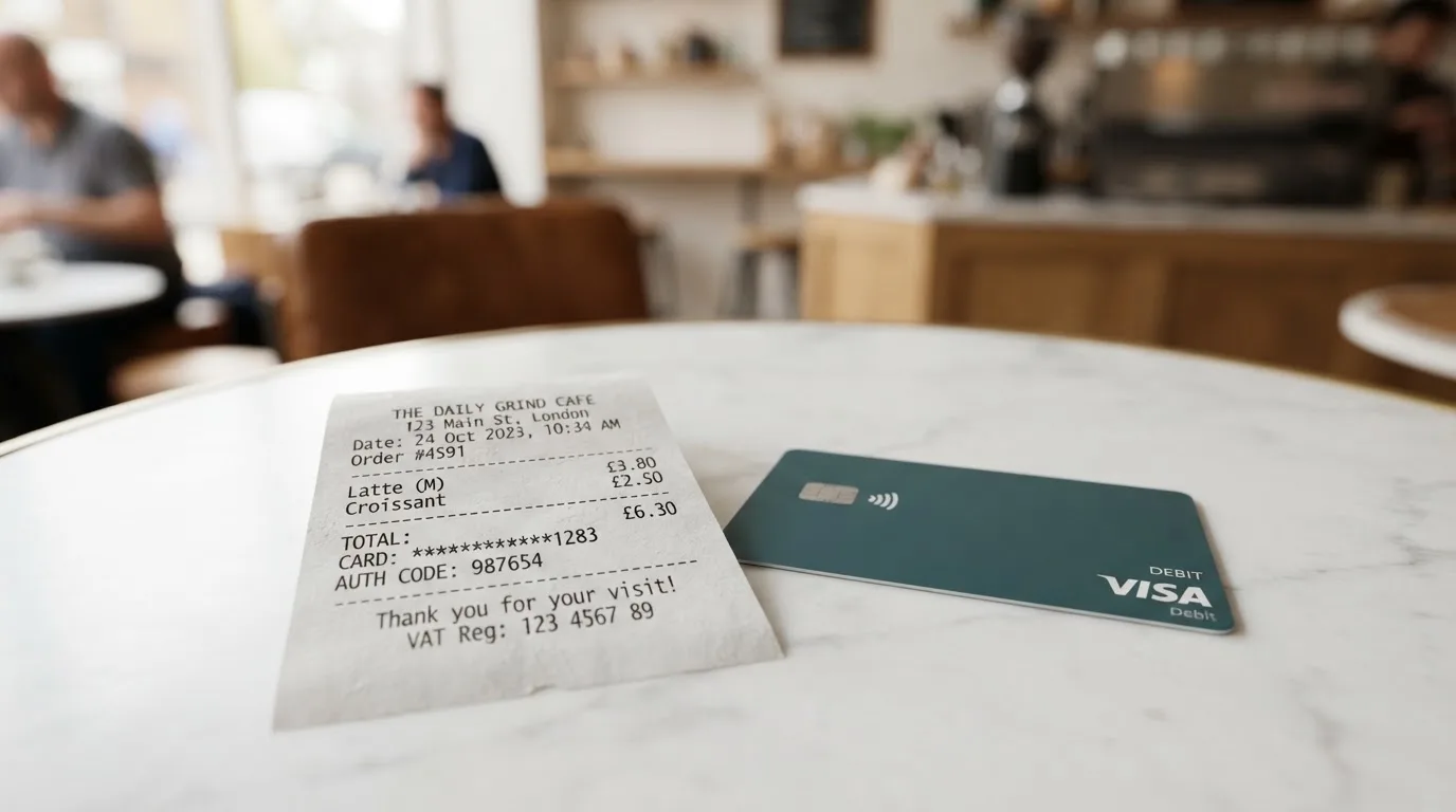 A receipt and a card on a café table