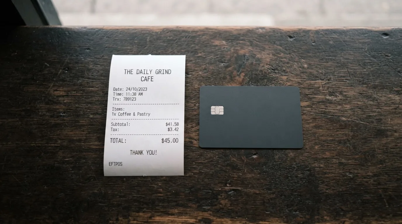 A receipt and a card on a café table