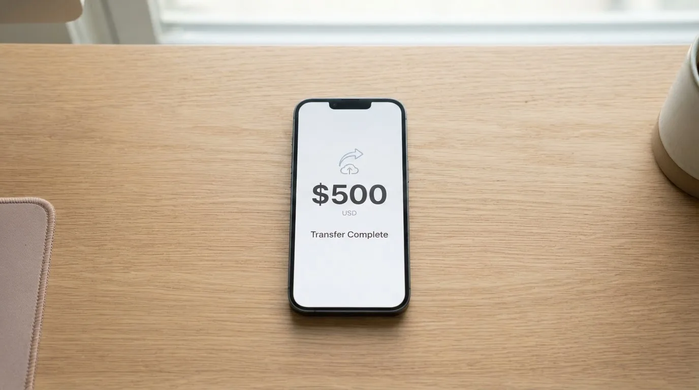 A phone showing a stablecoin transfer screen