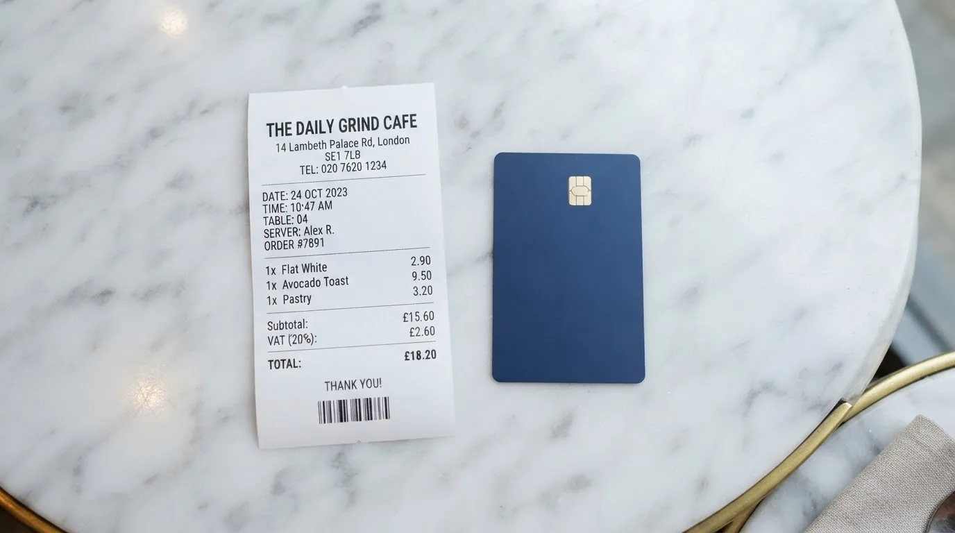 A receipt and a card on a café table