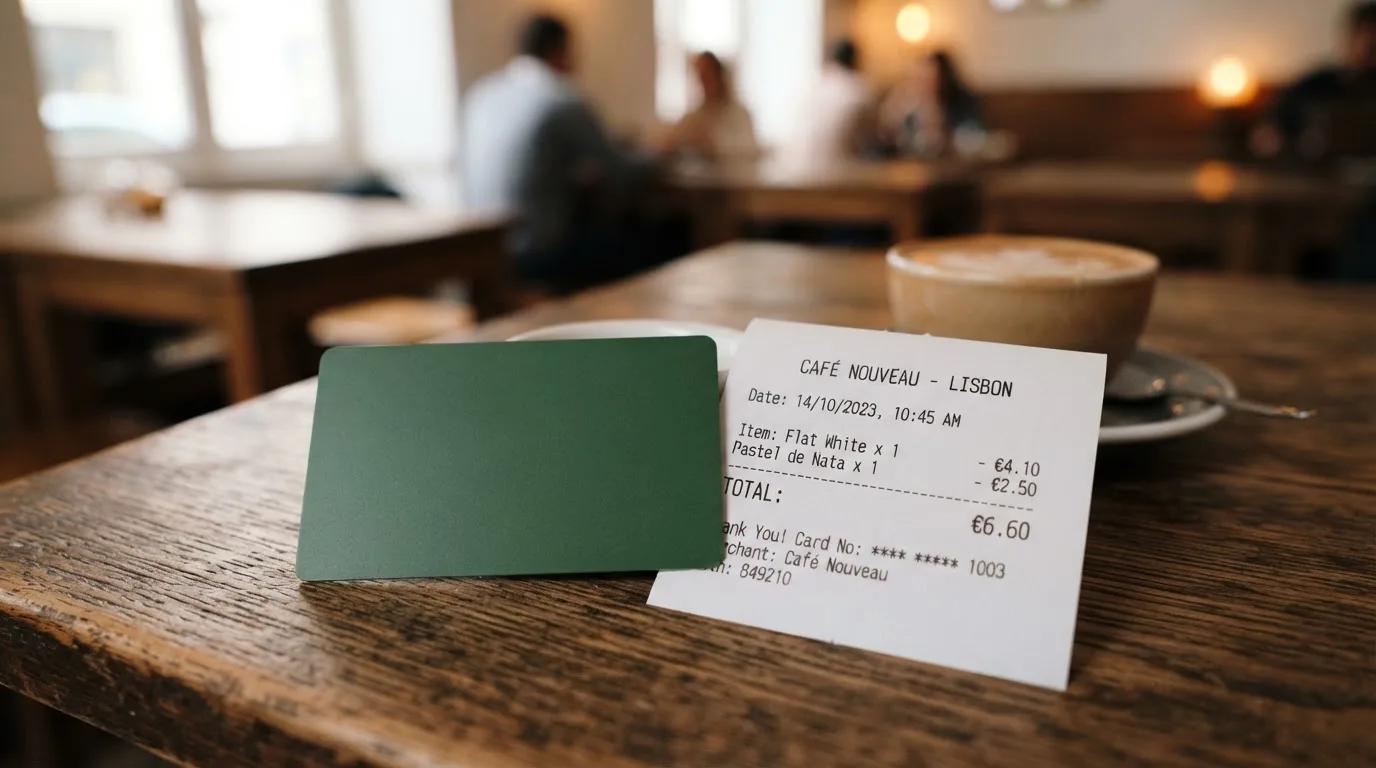 A receipt and a card on a café table