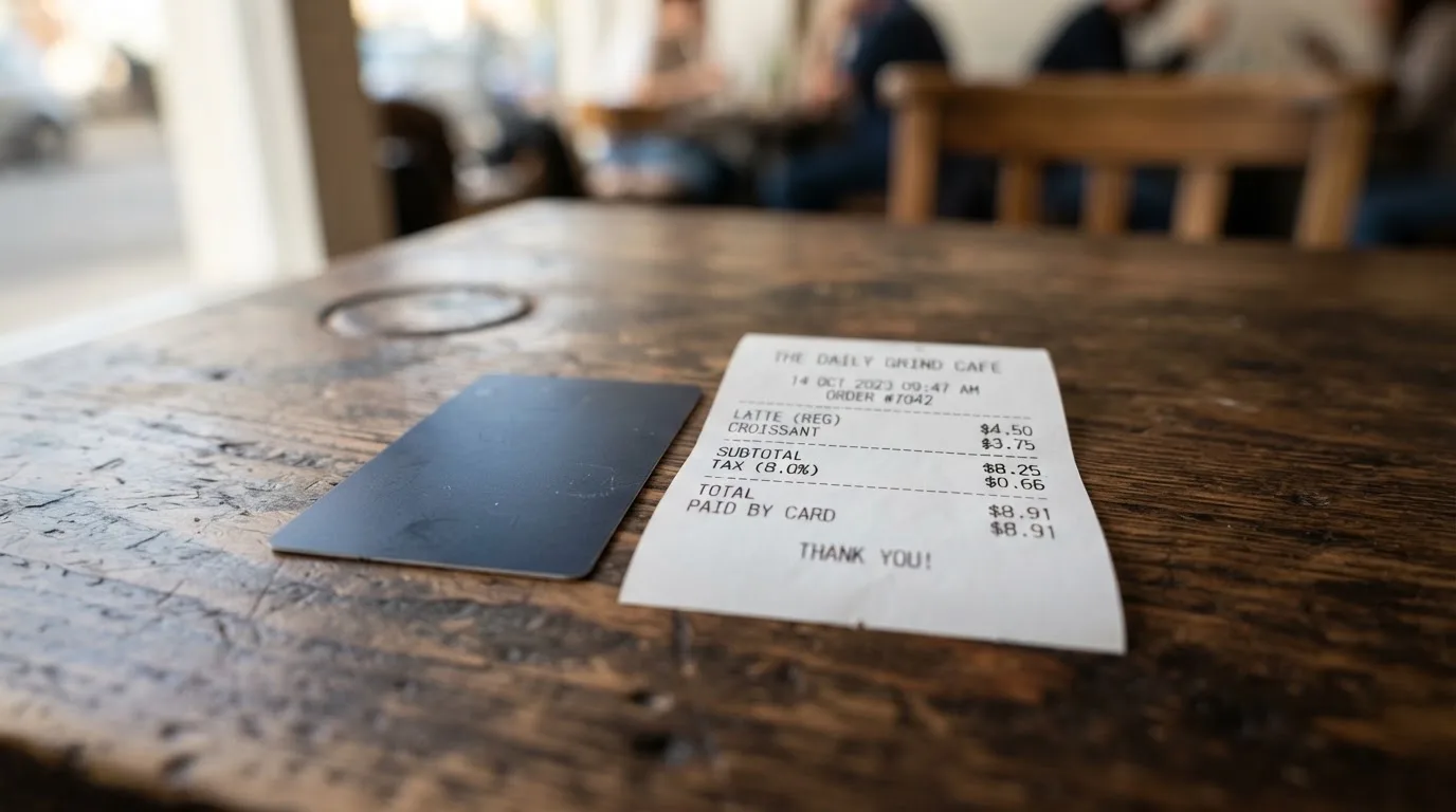 A receipt and a card on a café table