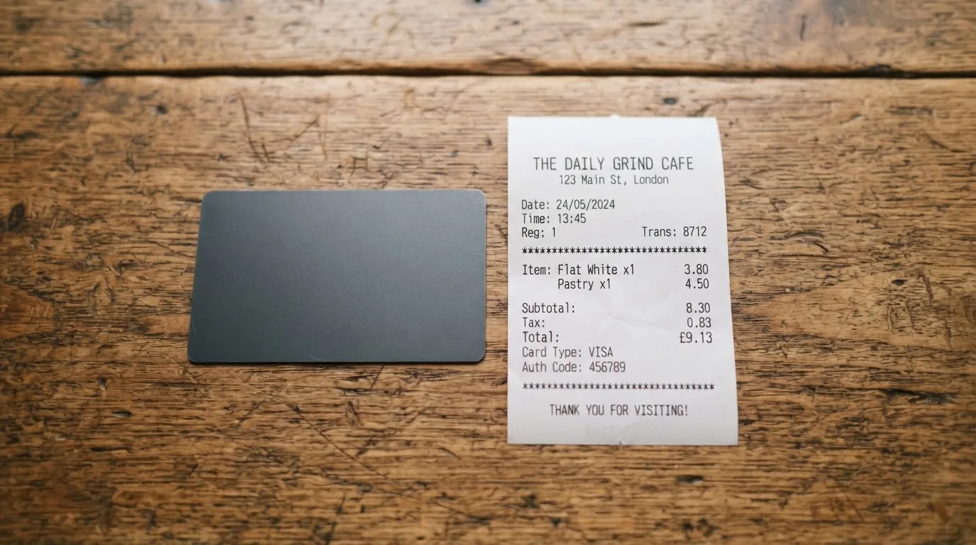 A receipt and a card on a café table
