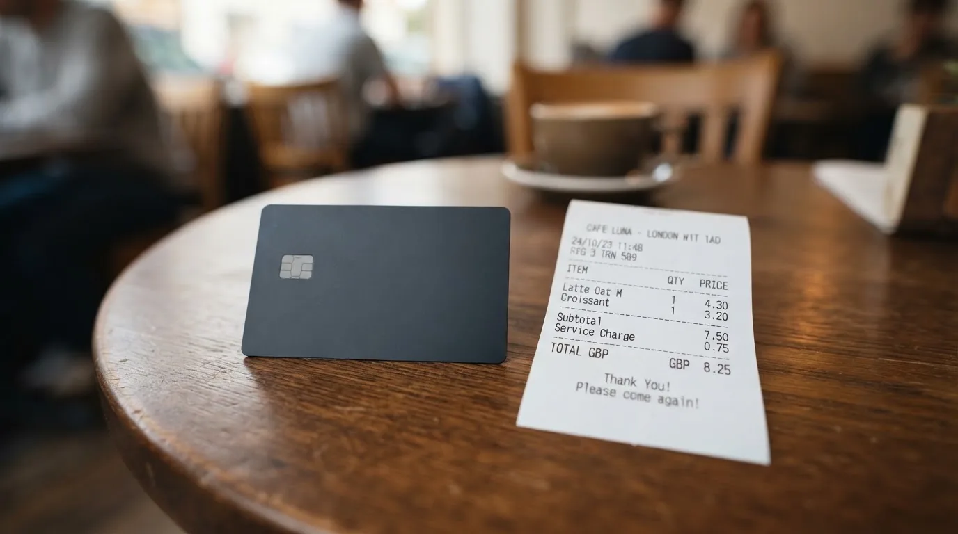 A receipt and a card on a café table