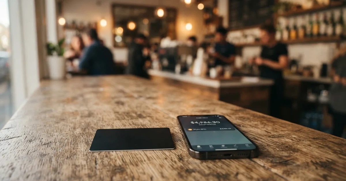 A payment card next to a phone with a crypto wallet app open