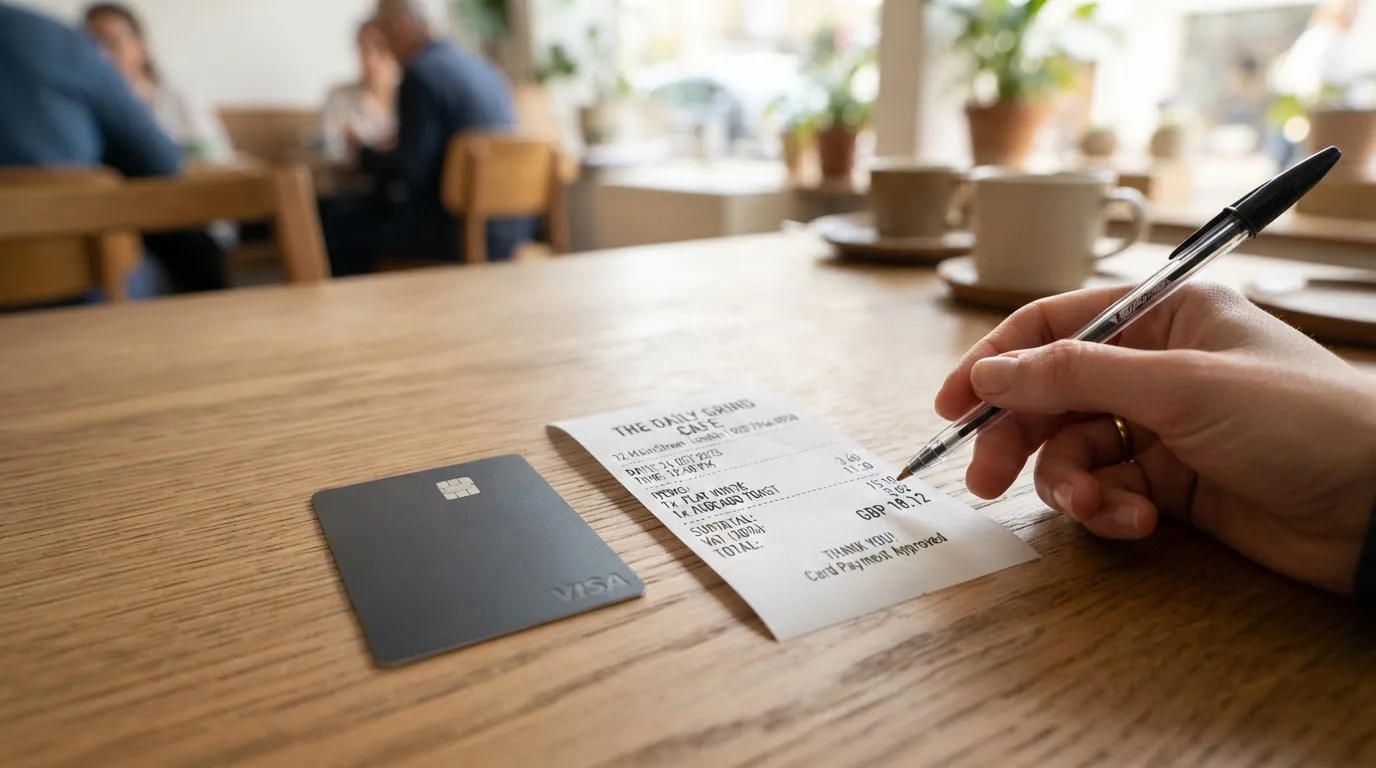 A receipt and a card on a café table