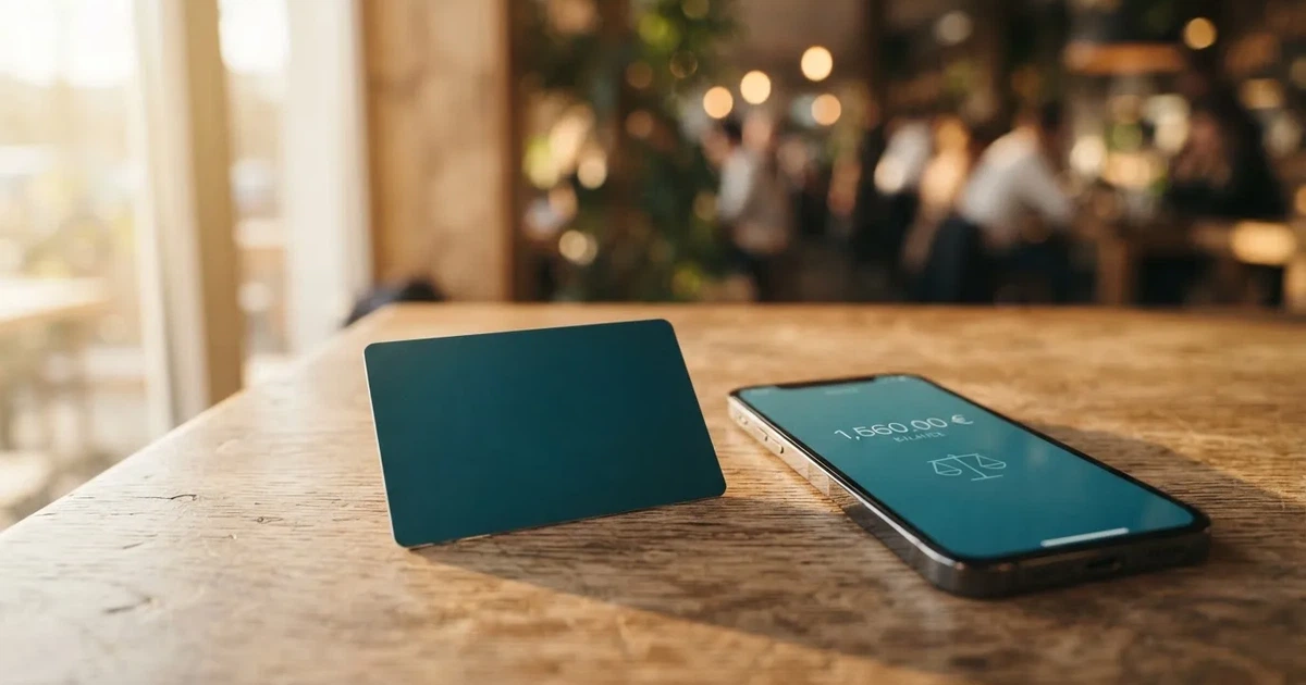 A payment card next to a phone with a crypto wallet app open