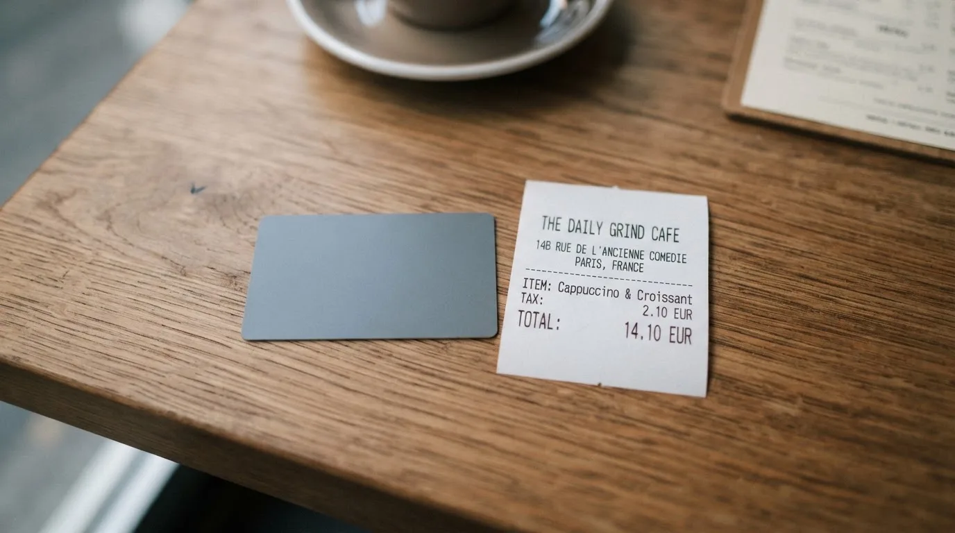 A receipt and a card on a café table