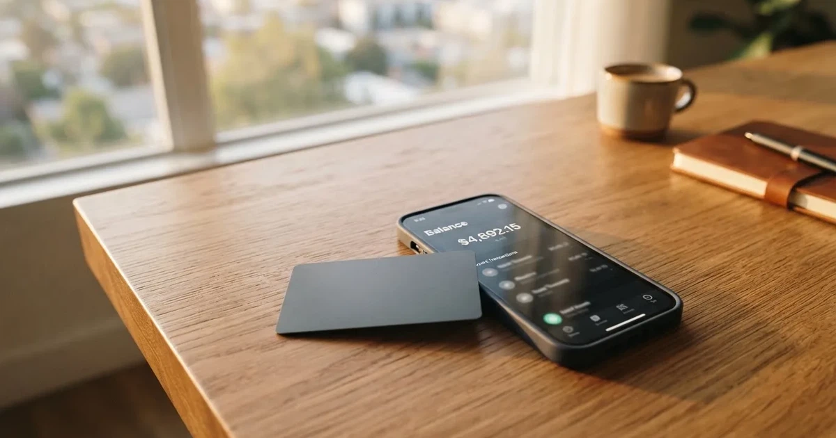 A payment card next to a phone with a crypto wallet app open