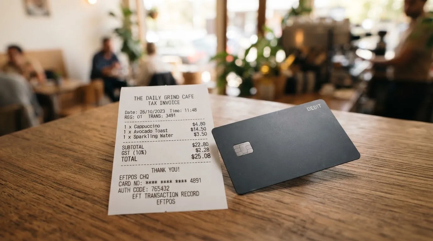 A receipt and a card on a café table