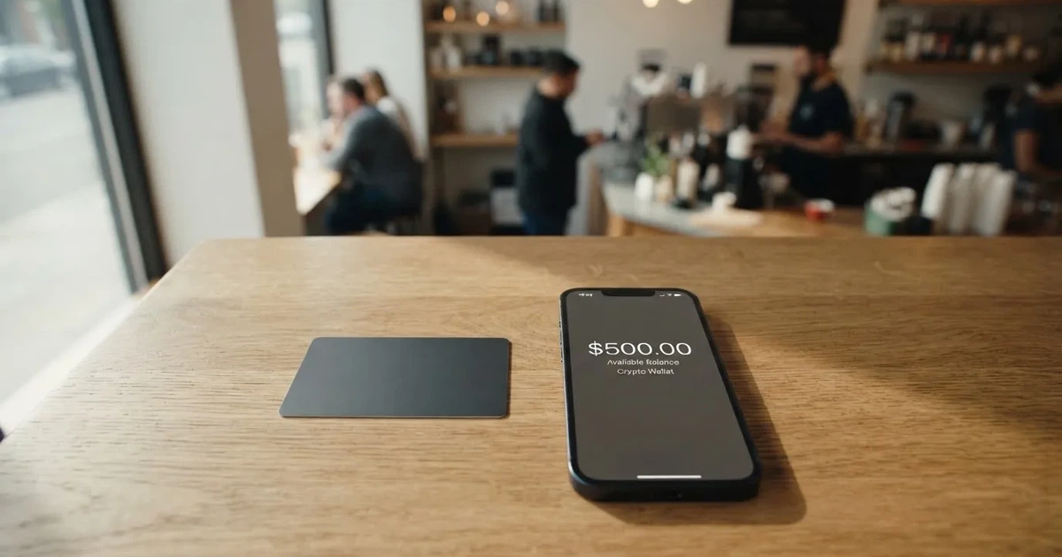 A payment card next to a phone with a crypto wallet app open