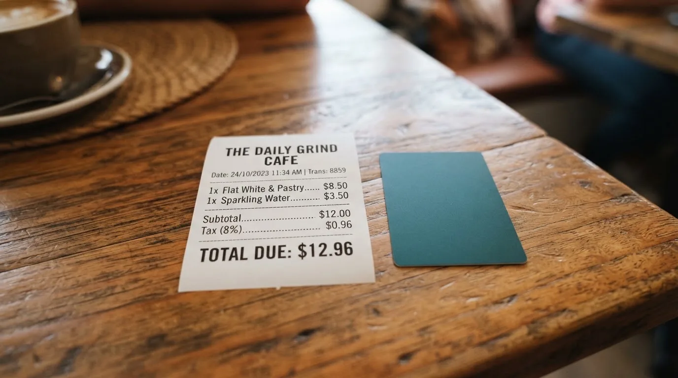 A receipt and a card on a café table