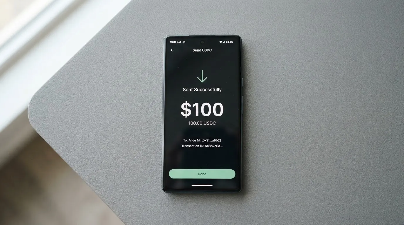 A phone showing a stablecoin transfer screen
