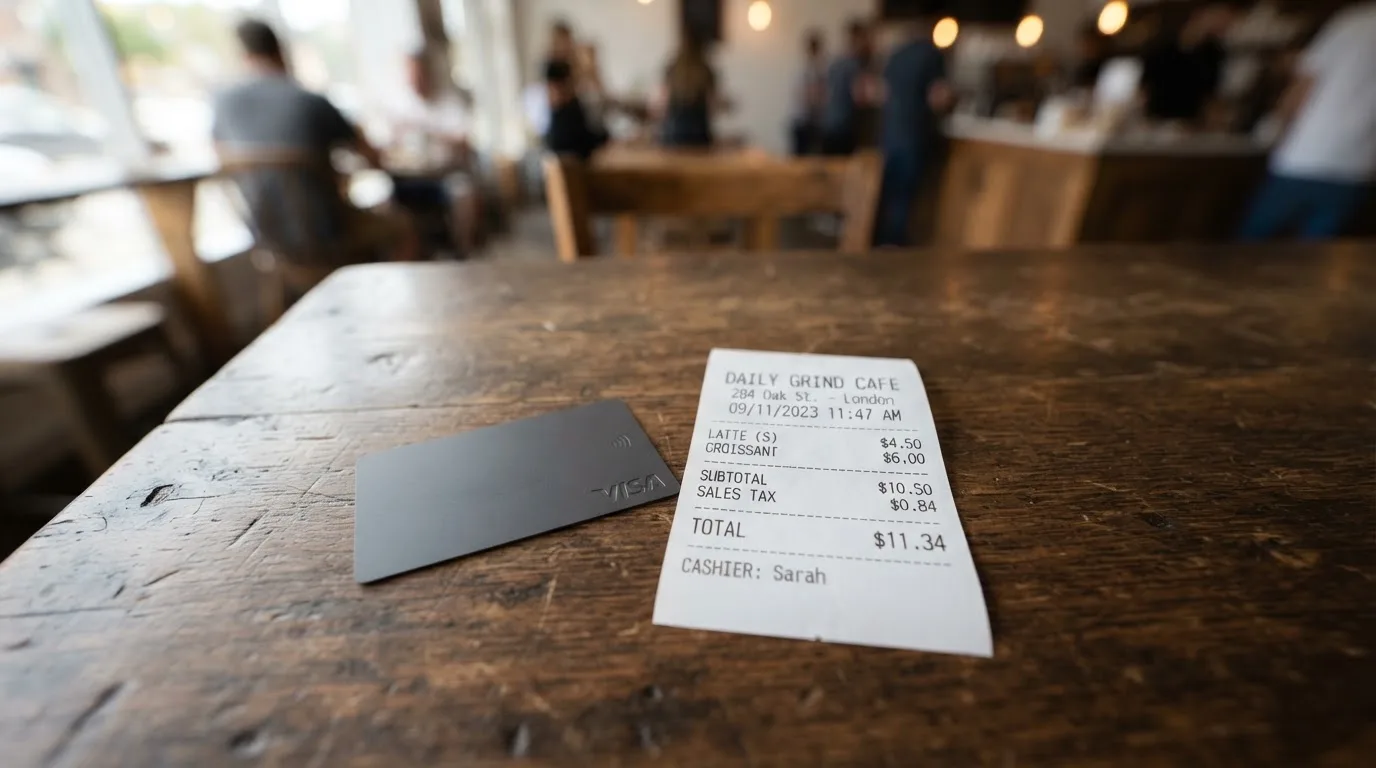 A receipt and a card on a café table
