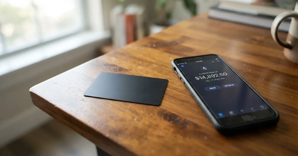 A payment card next to a phone with a crypto wallet app open