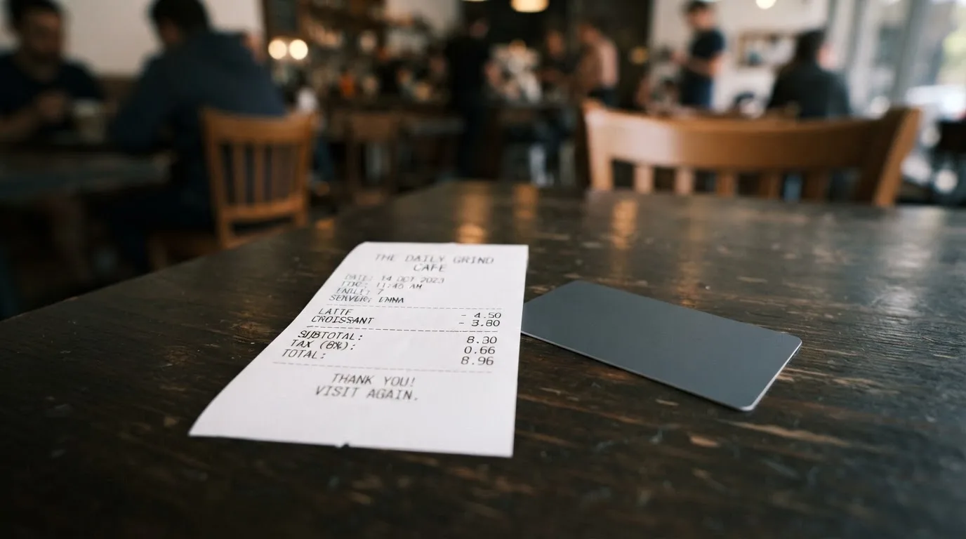 A receipt and a card on a café table