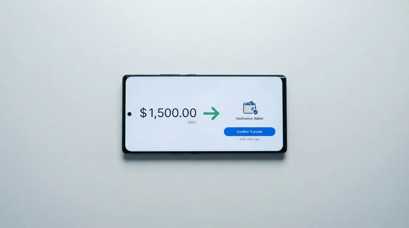 A phone showing a stablecoin transfer screen