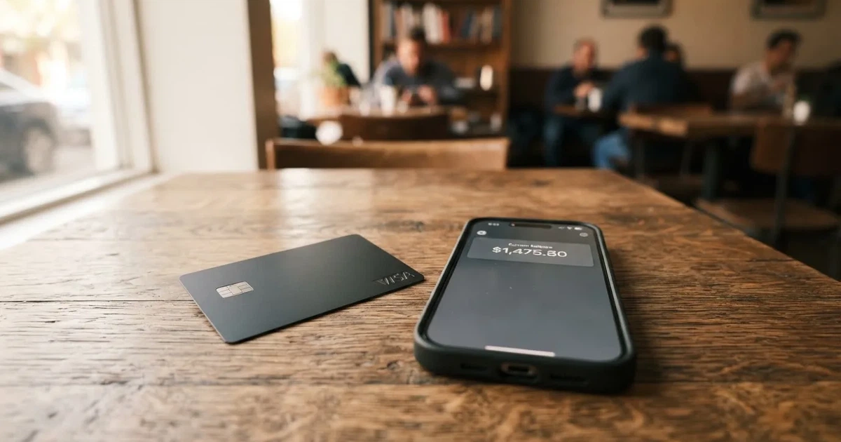 A payment card next to a phone with a crypto wallet app open